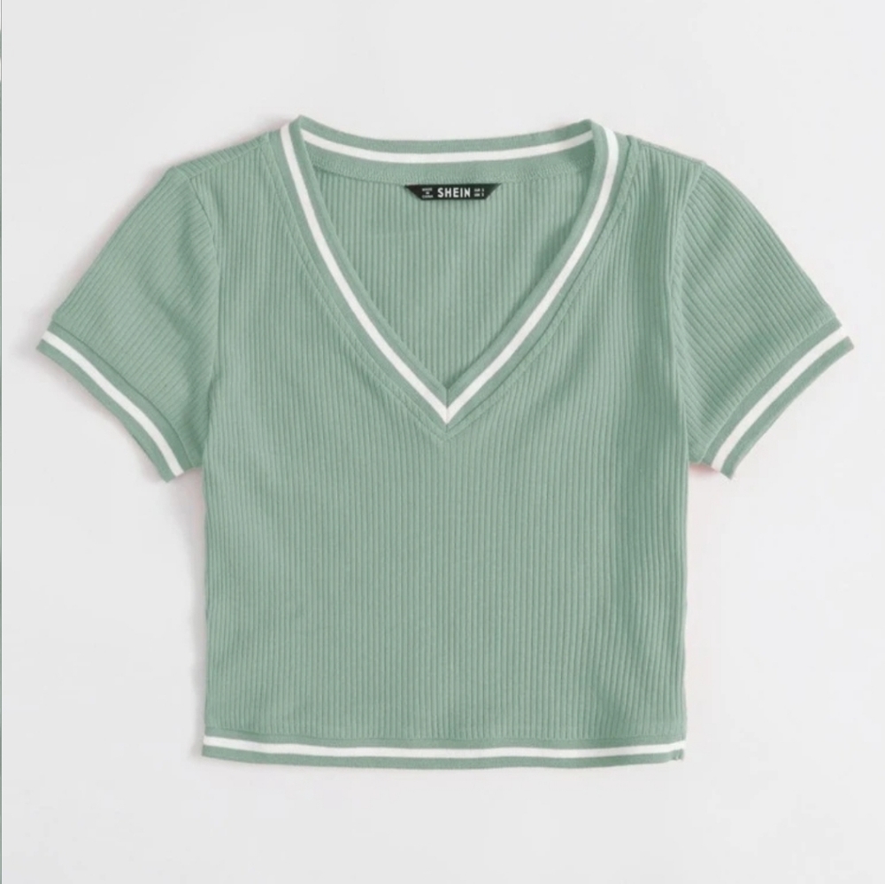 Teal Rib-knit Crop Tee